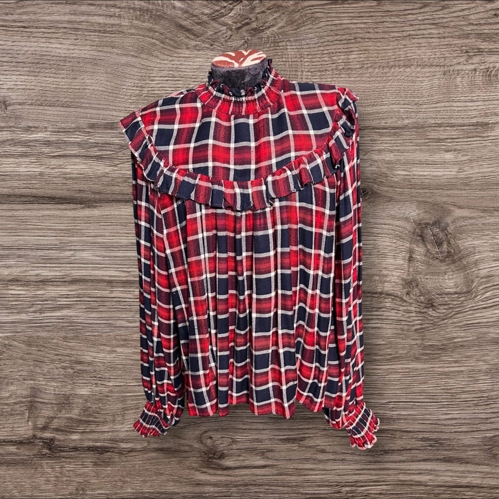 Free People Charlie Plaid Ruffle Flannel Long Balloon Sleeve Top